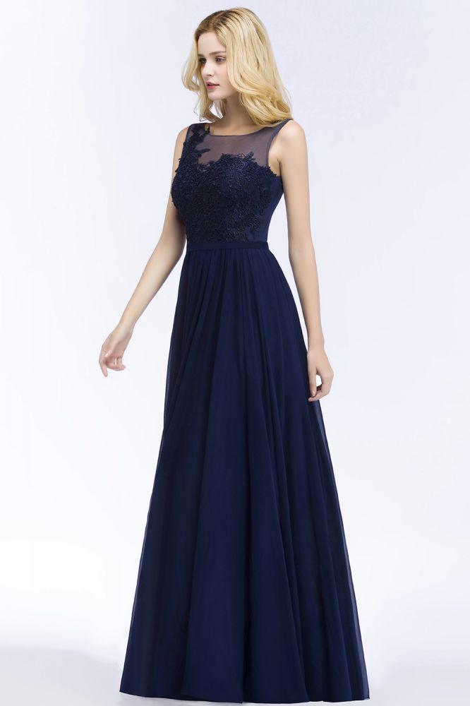 NumberSea-A-line Scoop Neck Bridesmaid Dress Chiffon Appliques Floor-Length Evening Maxi Gown Sleeveless