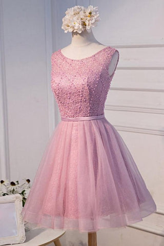 A-line Scoop Neck Short Tulle Homecoming Dress With Beading