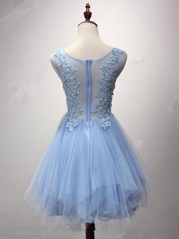 Vestidos de fiesta cortos/mini de tul con escote redondo y corte A con detalles de perlas