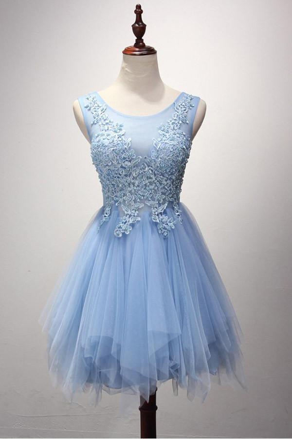 Vestidos de fiesta cortos/mini de tul con escote redondo y corte A con detalles de perlas