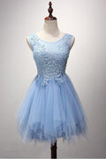 Vestidos de fiesta cortos/mini de tul con escote redondo y corte A con detalles de perlas