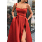 NumberSea - A - line Scoop Spaghetti Straps Red Satin High Split Long Prom Dress with Pockets