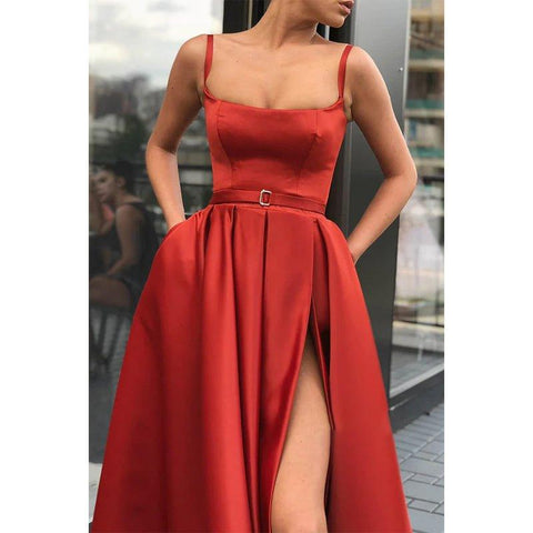 NumberSea - A - line Scoop Spaghetti Straps Red Satin High Split Long Prom Dress with Pockets