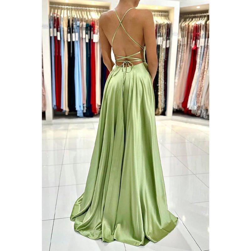 NumberSea - A - line Scoop Stretch Satin High Split Long Simple Prom Dress Formal Evening Gowns