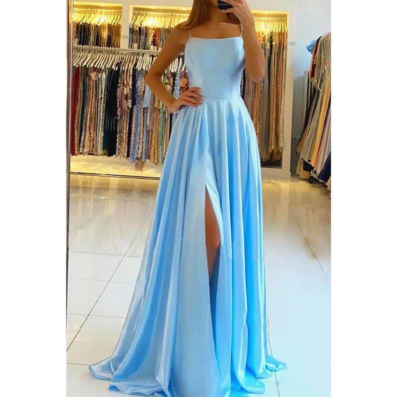 NumberSea - A - line Scoop Stretch Satin High Split Long Simple Prom Dress Formal Evening Gowns