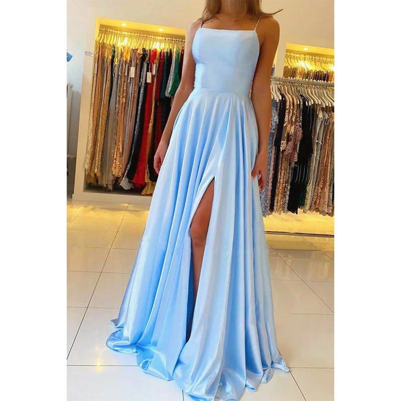 NumberSea - A - line Scoop Stretch Satin High Split Long Simple Prom Dress Formal Evening Gowns