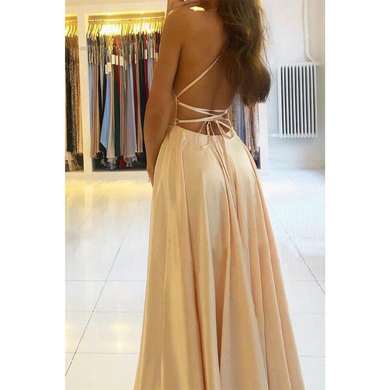NumberSea - A - line Scoop Stretch Satin High Split Long Simple Prom Dress Formal Evening Gowns