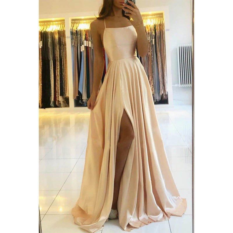 NumberSea - A - line Scoop Stretch Satin High Split Long Simple Prom Dress Formal Evening Gowns