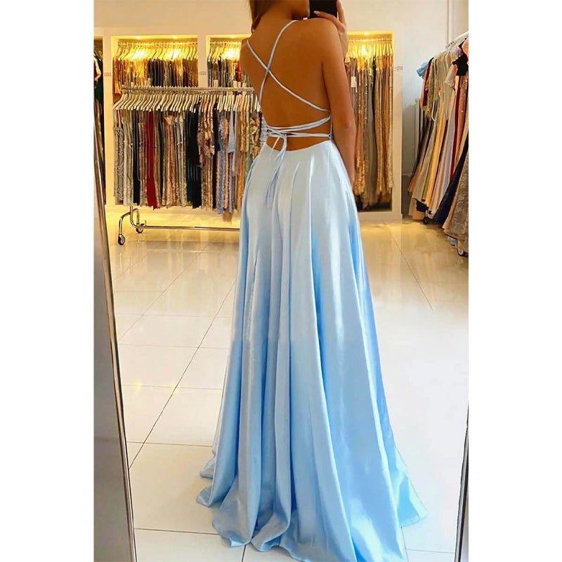 NumberSea - A - line Scoop Stretch Satin High Split Long Simple Prom Dress Formal Evening Gowns