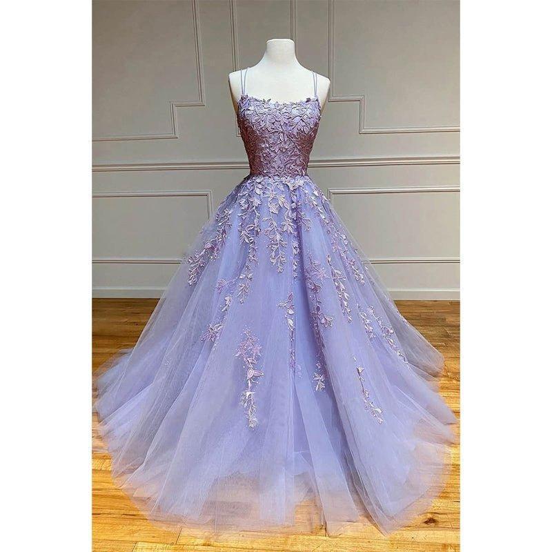 NumberSea - A - line Scoop Tulle Appliques Long Prom Dress