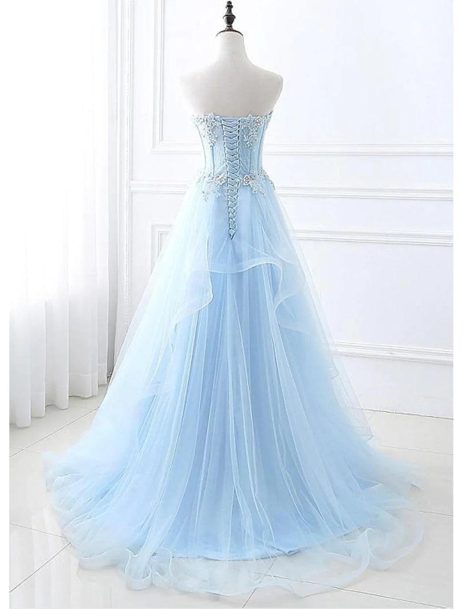 NumberSea - A - Line Sexy Floral Engagement Prom Birthday Dress Strapless Sleeveless Sweep / Brush Train Lace with Pleats Lace Insert