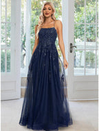 NumberSea - A - Line Sheath / Column Evening Gown Floral Dress Formal Wedding Guest Floor Length Sleeveless Spaghetti Strap Tulle with Sequin Appliques