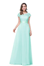A-line Short Sleeve Chiffon Bridesmaid Dresses with Ribbon Bow Sash