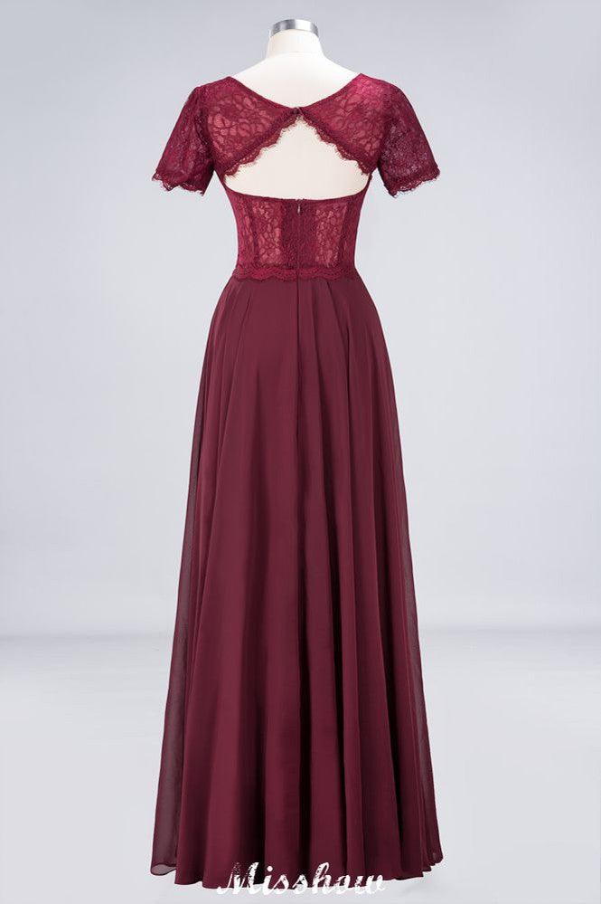 Vestido de dama de honor de gasa con encaje y cuello redondo, corte A, mangas cortas, largo hasta el suelo