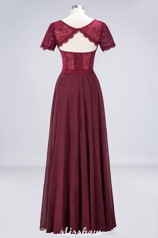 A-Line Short-Sleeves Floor-Length Bridesmaid Dress Chiffon Lace Round-Neck Evening Dress