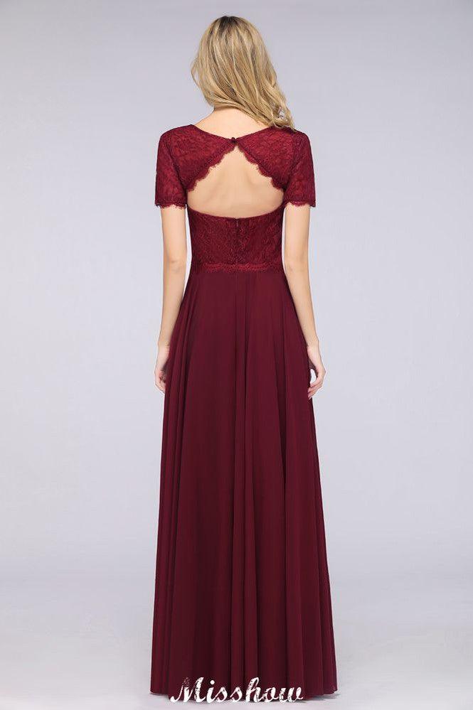 Vestido de dama de honor de gasa con encaje y cuello redondo, corte A, mangas cortas, largo hasta el suelo