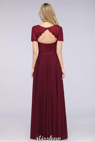 A-Line Short-Sleeves Floor-Length Bridesmaid Dress Chiffon Lace Round-Neck Evening Dress