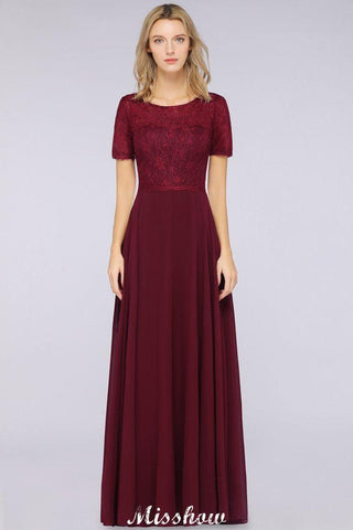 A-Line Short-Sleeves Floor-Length Bridesmaid Dress Chiffon Lace Round-Neck Evening Dress