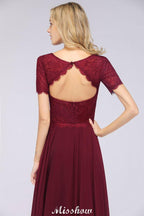 Vestido de dama de honor de gasa con encaje y cuello redondo, corte A, mangas cortas, largo hasta el suelo