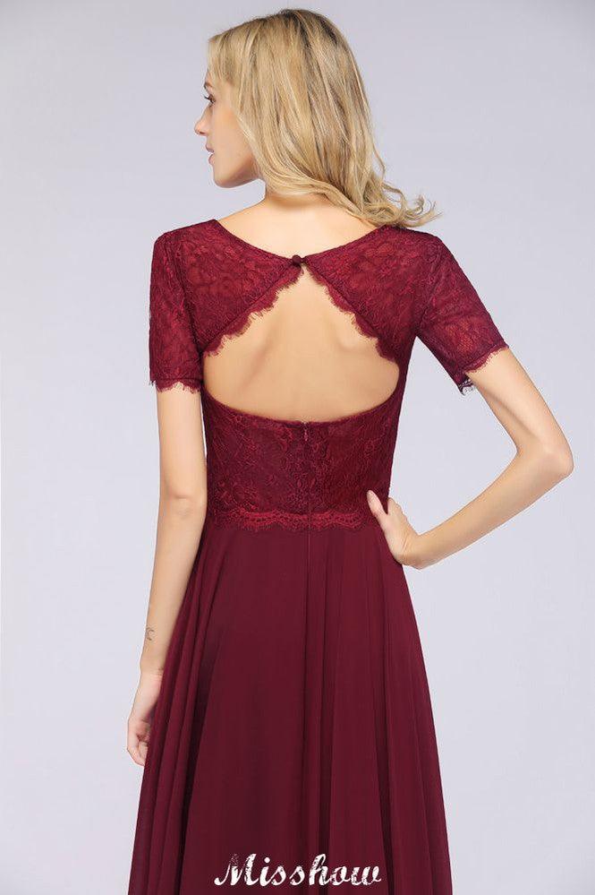 Vestido de dama de honor de gasa con encaje y cuello redondo, corte A, mangas cortas, largo hasta el suelo