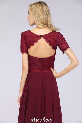 A-Line Short-Sleeves Floor-Length Bridesmaid Dress Chiffon Lace Round-Neck Evening Dress