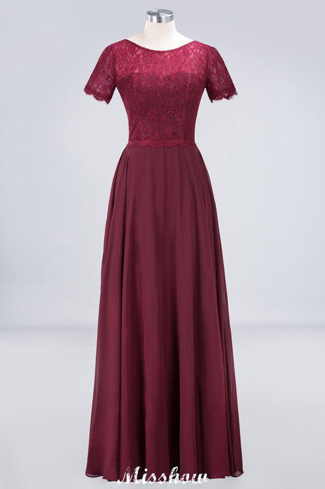 Vestido de dama de honor de gasa con encaje y cuello redondo, corte A, mangas cortas, largo hasta el suelo