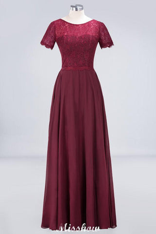 A-Line Short-Sleeves Floor-Length Bridesmaid Dress Chiffon Lace Round-Neck Evening Dress
