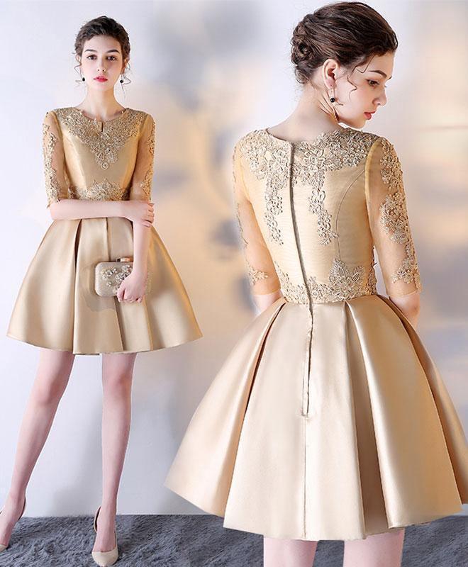 A-Linie Kurze Ärmel Gold Spitze Satin Kurzes Ballkleid Homecoming Kleid PD212