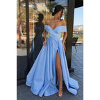 NumberSea - A - line Sky Blue Satin Off - the - shoulder High Split Long Prom Dress with Pockets