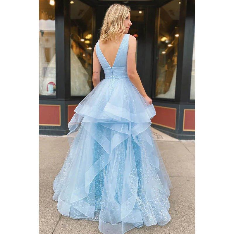 NumberSea - A - line Sky Blue Tulle V - neck Sparkle Prom Dress Pageant Dress