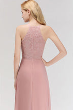 A-line Sleeveless Halter Long Lace Chiffon Bridesmaid Dress