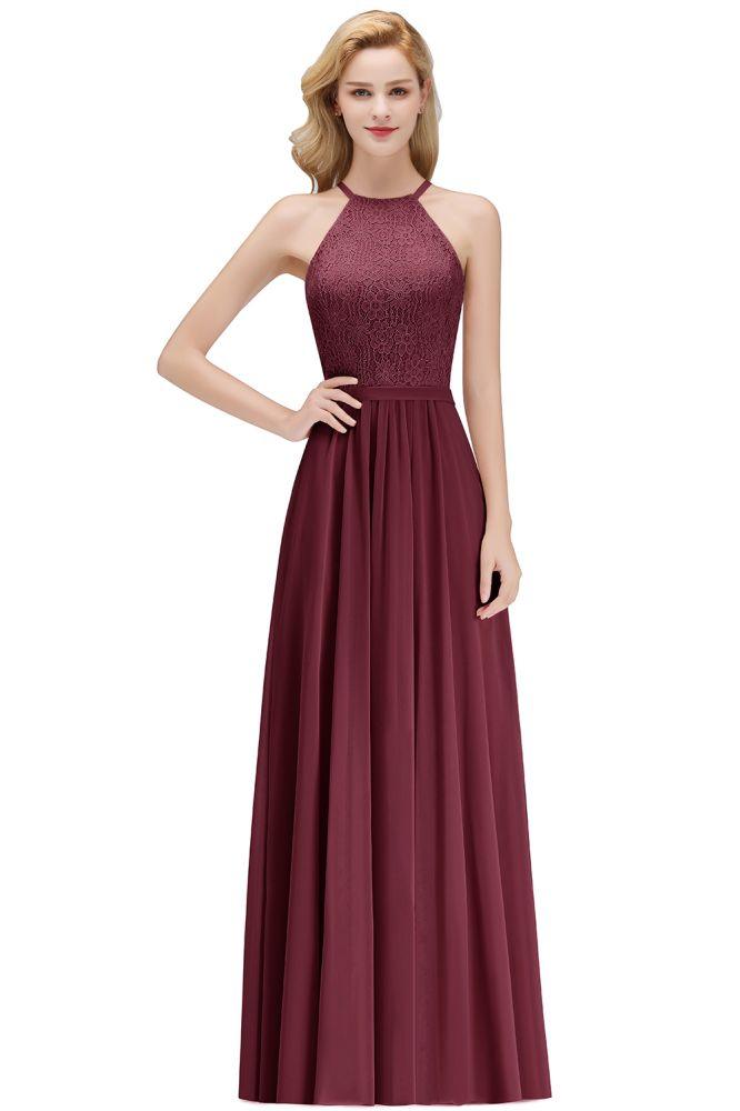 A-Linie Ärmellos Neckholder Langes Spitzen Chiffon Brautjungfernkleid