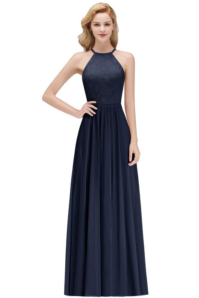 A-Linie Ärmellos Neckholder Langes Spitzen Chiffon Brautjungfernkleid