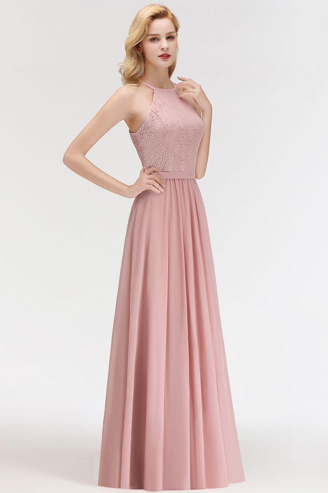 A-Linie Ärmellos Neckholder Langes Spitzen Chiffon Brautjungfernkleid