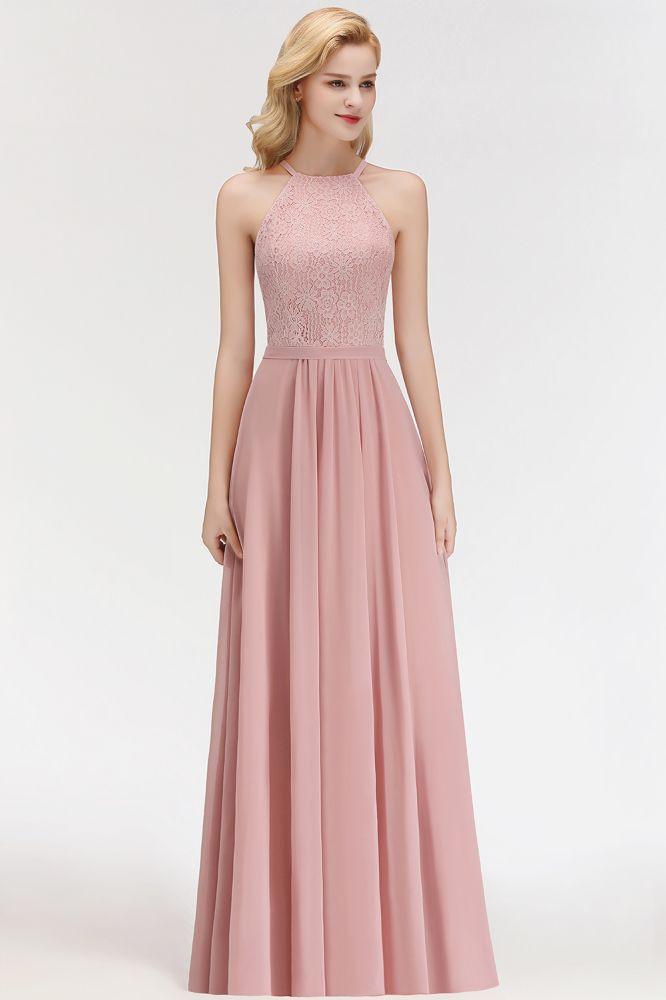 A-Linie Ärmellos Neckholder Langes Spitzen Chiffon Brautjungfernkleid
