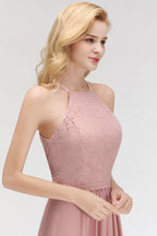 A-line Sleeveless Halter Long Lace Chiffon Bridesmaid Dress