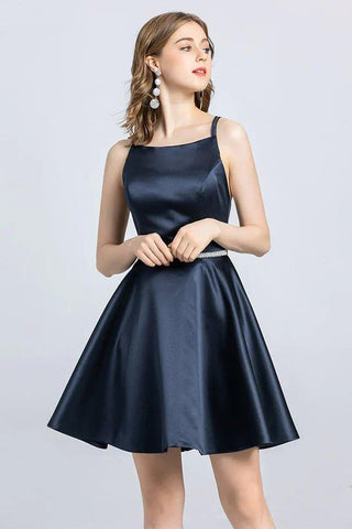 NumberSea - A - Line Spaghetti Strap Sleeveless Open Back Satin Homecoming Dress
