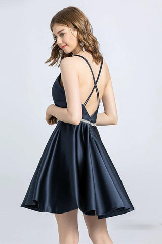 NumberSea - A - Line Spaghetti Strap Sleeveless Open Back Satin Homecoming Dress