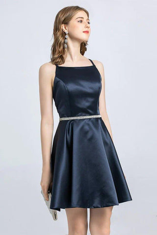NumberSea - A - Line Spaghetti Strap Sleeveless Open Back Satin Homecoming Dress