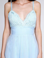 NumberSea - A - Line Spaghetti Strap Tea Length Lace / Tulle Bridesmaid Dress with Lace
