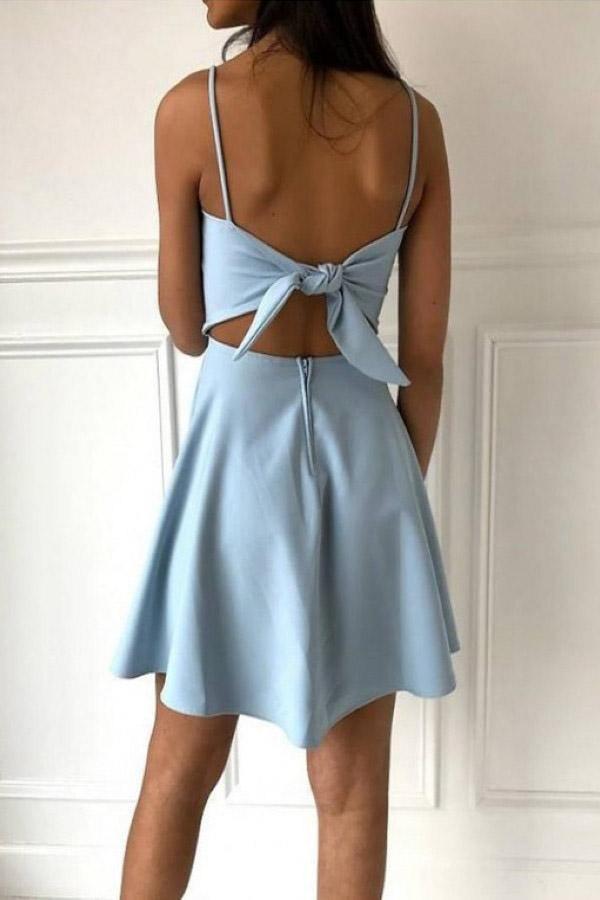 A-Linie, Spaghettiträger, knielang, hellblaues Satin-Homecoming-Kleid PD390