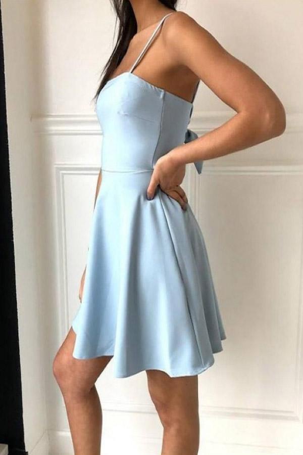A-Linie, Spaghettiträger, knielang, hellblaues Satin-Homecoming-Kleid PD390