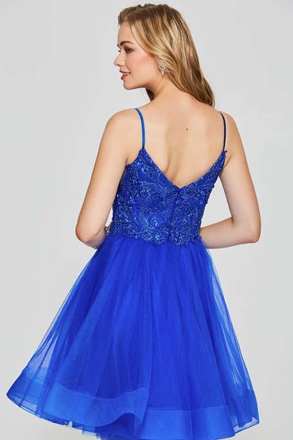 A-Linie Spaghettiträger Applikationen Perlenbesetzt Tüll Kurzes Homecoming-Kleid