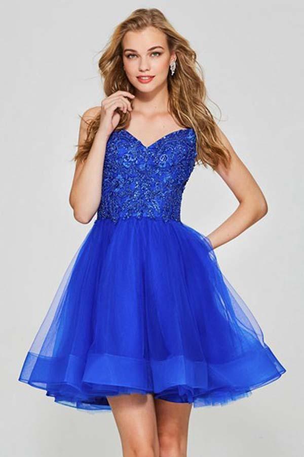A-Linie Spaghettiträger Applikationen Perlenbesetzt Tüll Kurzes Homecoming-Kleid