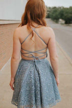 A-Line Spaghetti Straps Backless Above-Knee Blue Lace Homecoming Dress