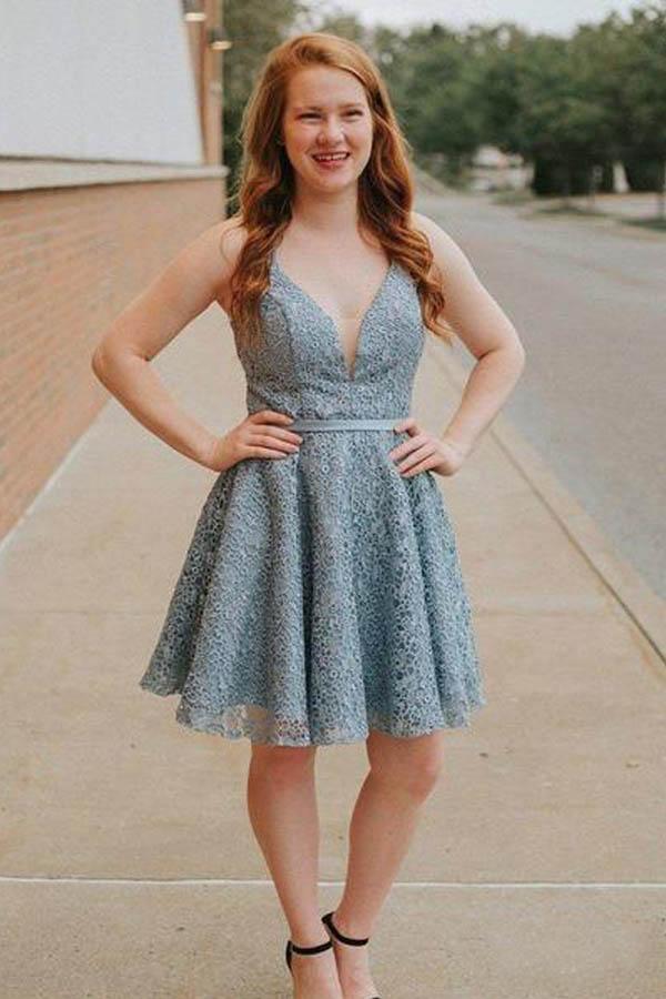 A-Line Spaghetti Straps Backless Above-Knee Blue Lace Homecoming Dress