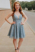 A-Line Spaghetti Straps Backless Above-Knee Blue Lace Homecoming Dress