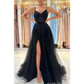 NumberSea - A Line Spaghetti Straps Beads Side Slit Black Long Prom Formal Dress