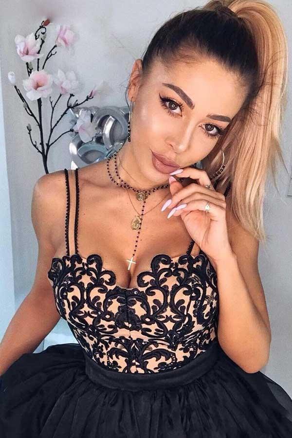 A-Line Spaghetti Straps Black Chiffon Homecoming Dress with Appliques