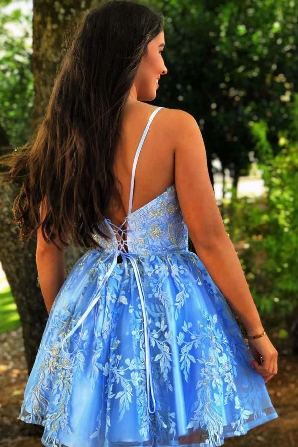 Spaghetti Straps Blue Criss-Cross Homecoming Dress With Appliques Custom Size / As Picture